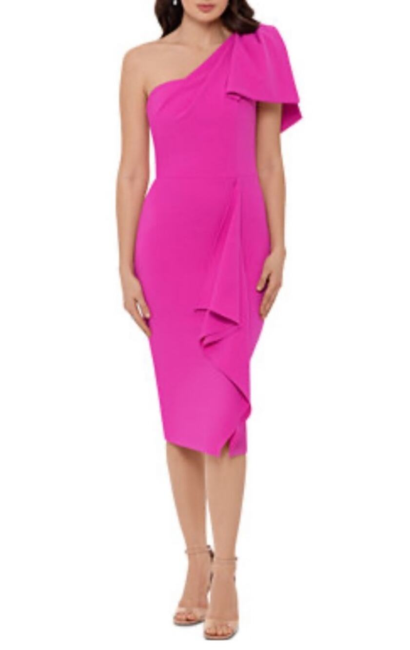Betsy & Adam Fuchsia Pink Cocktail Dress One Shoulder Midi Sheath Size 14W